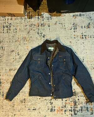 Vintage 70s Three Bars Faux Shearling Lined Denim Jacket Corduroy Collar